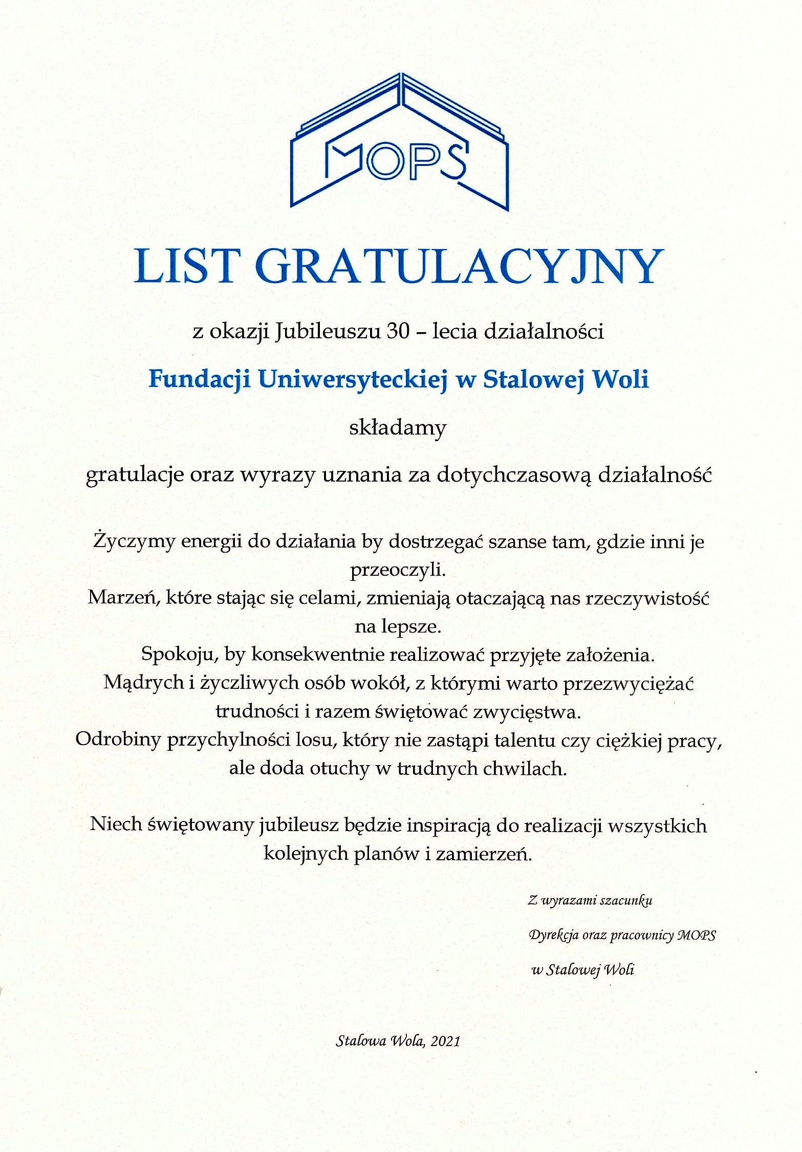 MOPS gratulacje